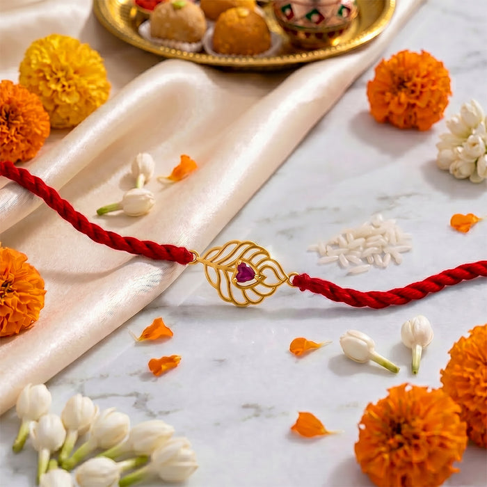 Ruby Leaf Gold Plated 925 Silver Rakhi