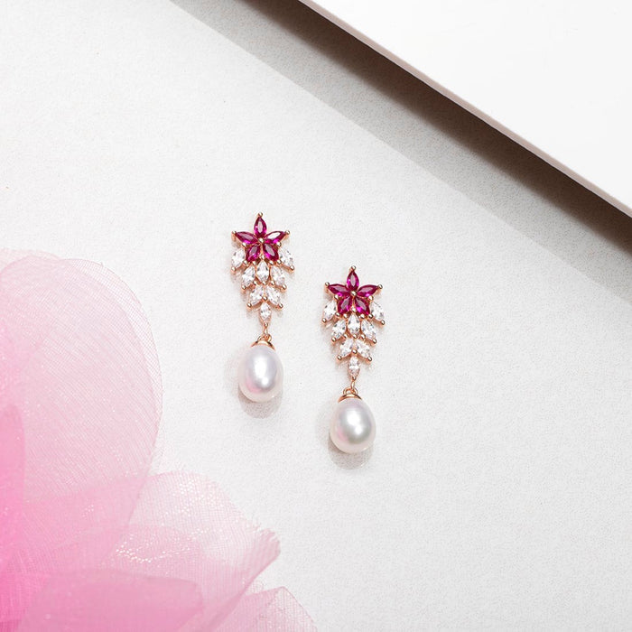 Ruby Pearl Drop Rhodium Plated 925 Silver Earrings