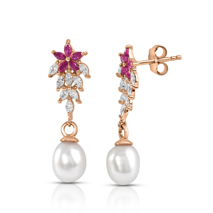 Ruby Pearl Drop Rhodium Plated 925 Silver Earrings