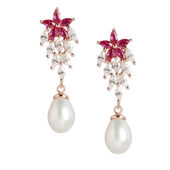 Ruby Pearl Drop Rhodium Plated 925 Silver Earrings