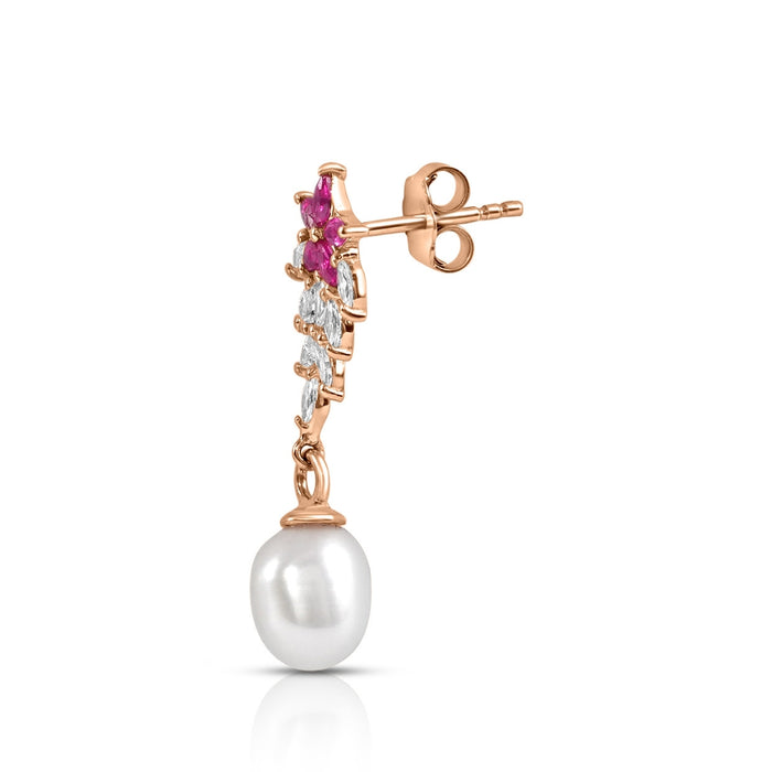 Ruby Pearl Drop Rhodium Plated 925 Silver Earrings