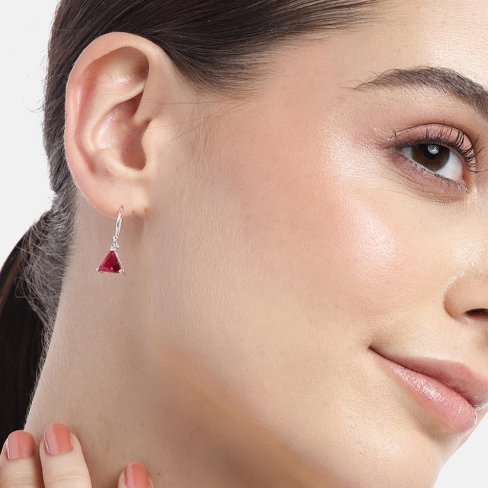 Ruby Radiance Rhodium Plated Red CZ 925 Sterling Silver Triangle Earrings