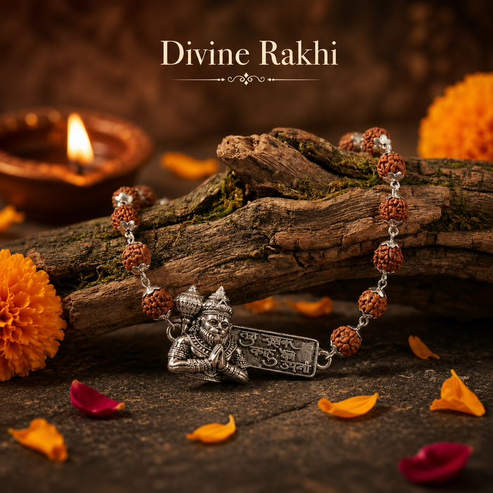 Rudraksha Hanuman Rakshak Bracelet with silver-toned Hanuman Gada plaque