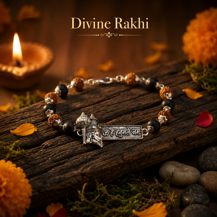 Rudraksha Karungali Hanuman Mantra Bracelet with engraved Hanuman mantra charm