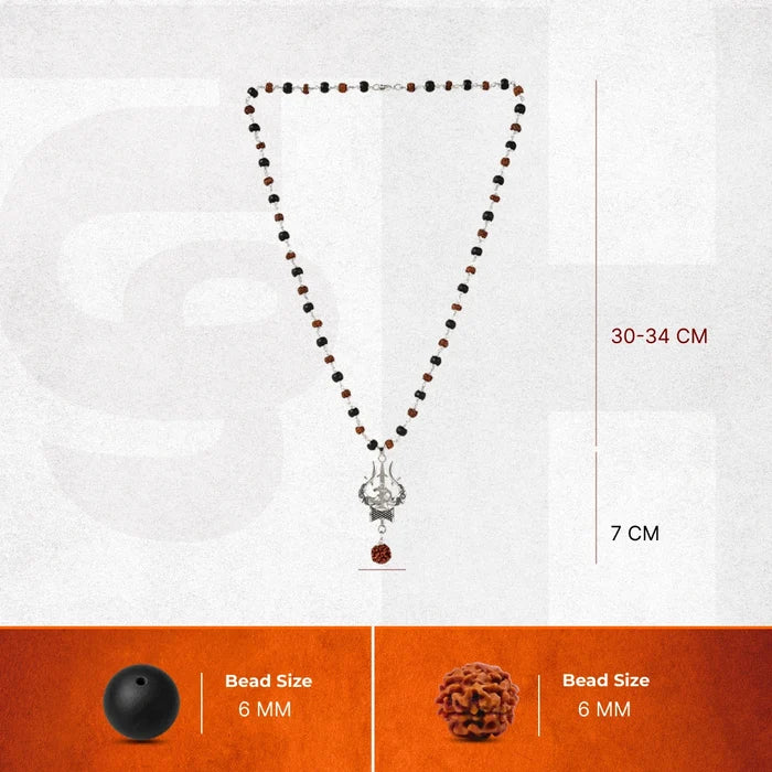 Rudraksha Karungali Mala in Silver-Cap with Shiv Trishul & Rudraksha Pendant - view 2