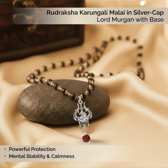Rudraksha Karungali Mala in Silver-Cap with Shiv Trishul & Rudraksha Pendant - view 3