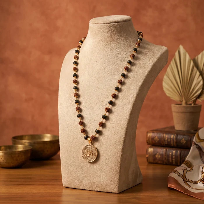 Rudraksha Karungali Malai in Gold-Cap with Om Pendant