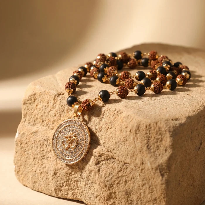 Rudraksha Karungali Malai in Gold-Cap with Om Pendant