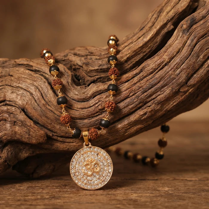 Rudraksha Karungali Malai in Gold-Cap with Om Pendant - view 2