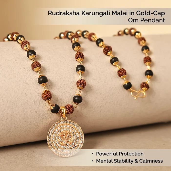 Rudraksha Karungali Malai in Gold-Cap with Om Pendant - view 3