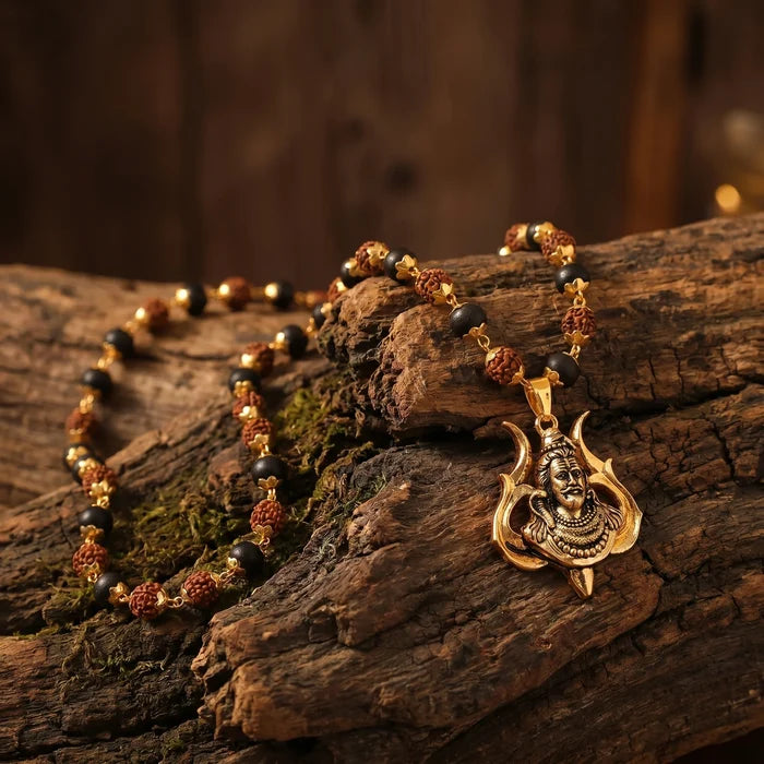 Rudraksha Karungali Malai in Gold-Cap with Shiv Pendant