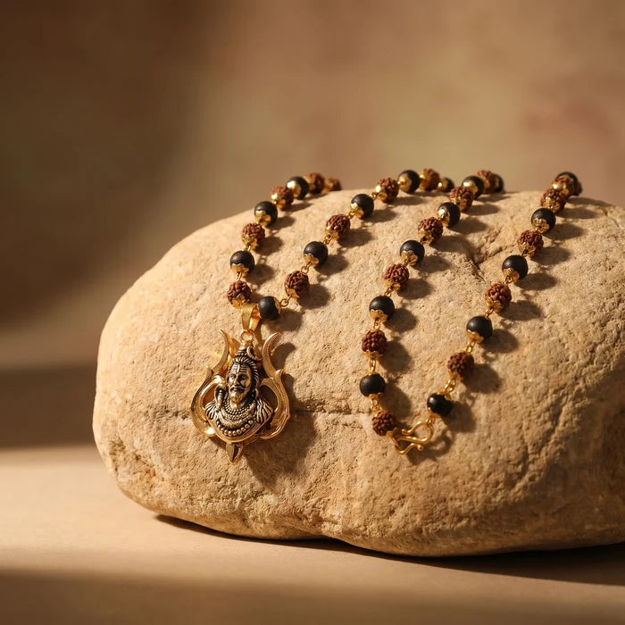 Rudraksha Karungali Malai in Gold-Cap with Shiv Pendant - view 2