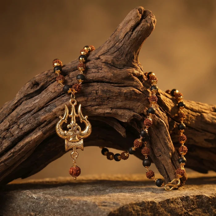 Rudraksha Karungali Malai in Gold-Cap with Shiv Trishul & Rudraksha Pendant