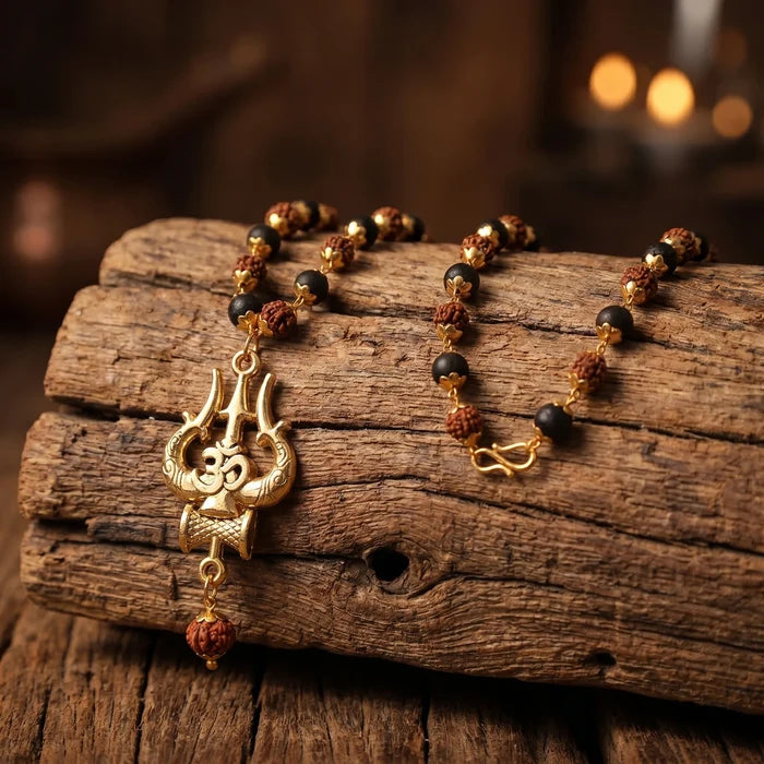 Rudraksha Karungali Malai in Gold-Cap with Shiv Trishul & Rudraksha Pendant - view 2