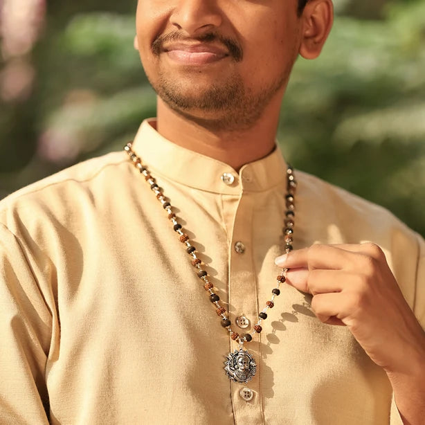 Rudraksha Karungali Malai in Silver-Cap with Lord Murgan Face Pendant Lifestyle Men
