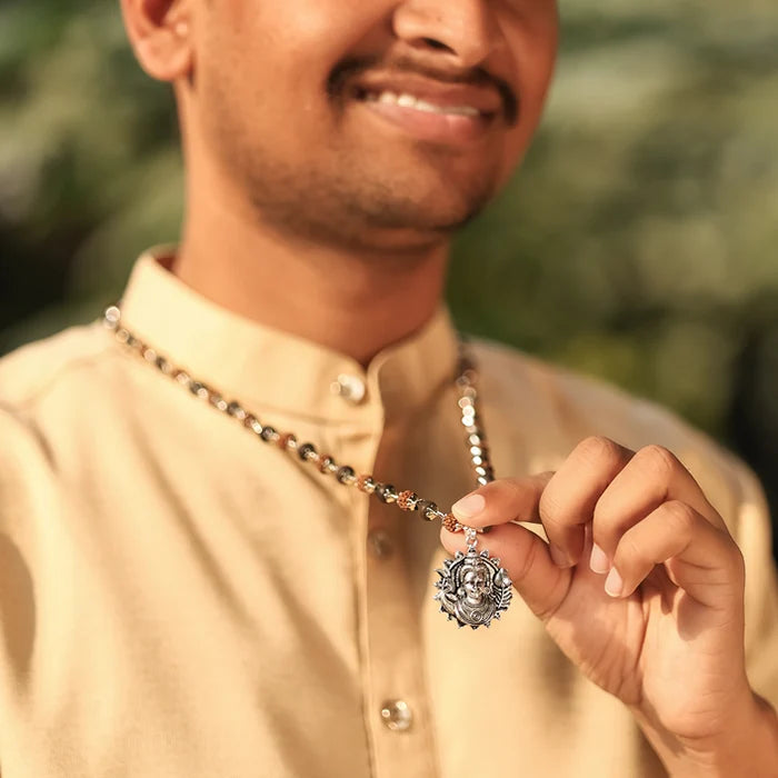 Rudraksha Karungali Malai in Silver-Cap with Lord Murgan Face Pendant Lifestyle Men