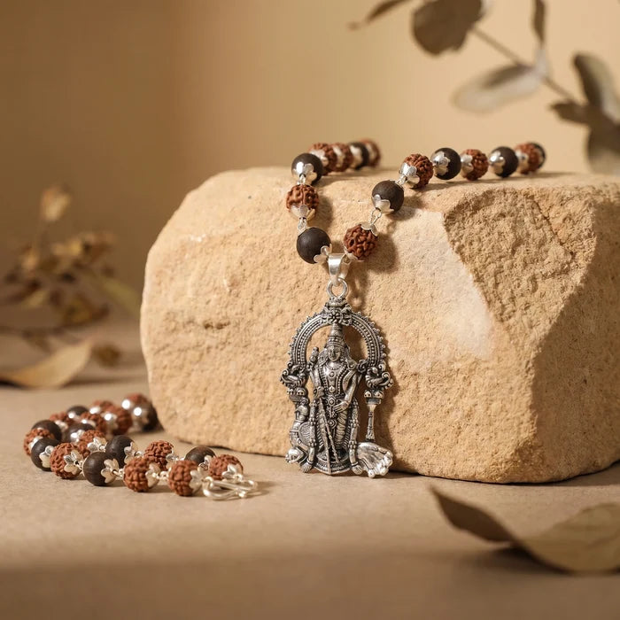 Rudraksha Karungali Malai in Silver-Cap with Lord Murugan Pendant