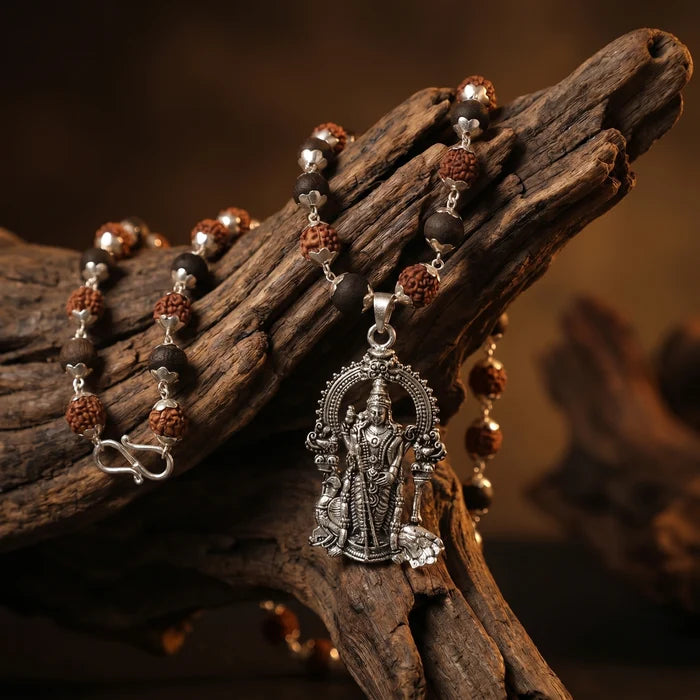 Rudraksha Karungali Malai in Silver-Cap with Lord Murugan Pendant - view 2