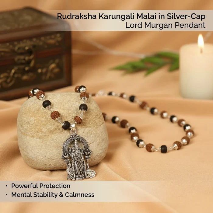 Rudraksha Karungali Malai in Silver-Cap with Lord Murugan Pendant - view 3