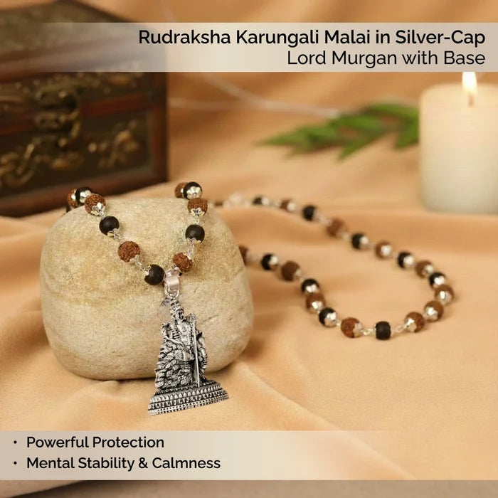 Rudraksha Karungali Malai in Silver-Cap with Lord Murugan with Base