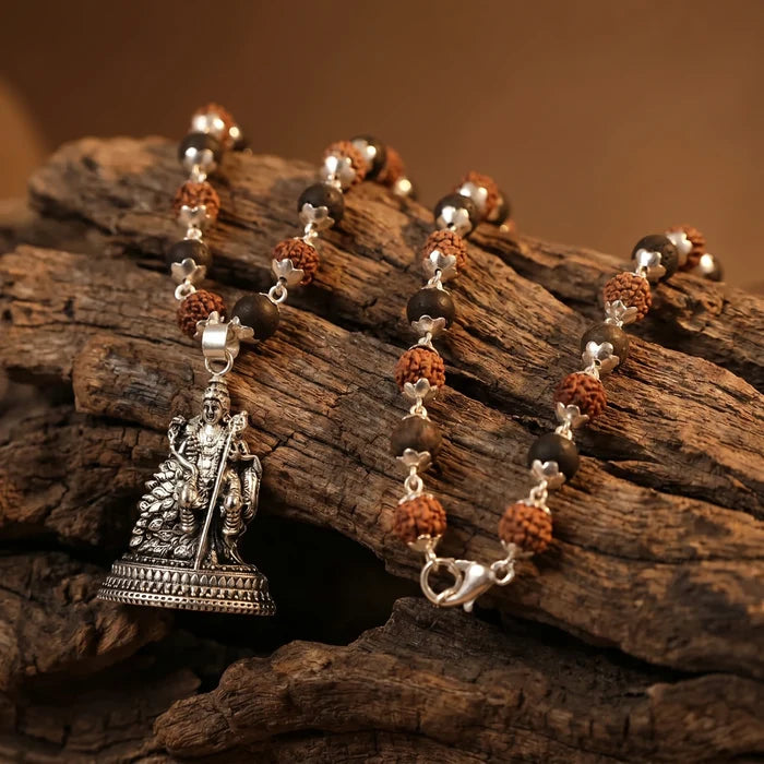 Rudraksha Karungali Malai in Silver-Cap with Lord Murugan with Base - view 2