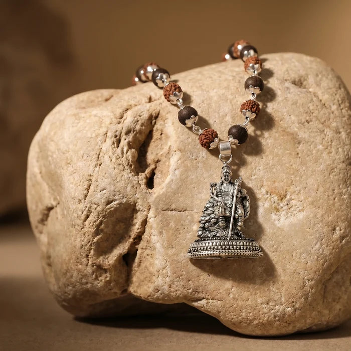 Rudraksha Karungali Malai in Silver-Cap with Lord Murugan with Base - view 3