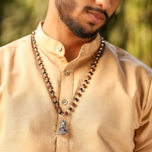 Rudraksha Karungali Malai in Silver-Cap with Lord Murgan with Base Lifestyle Men