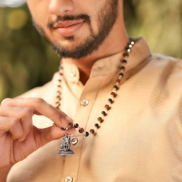 Rudraksha Karungali Malai in Silver-Cap with Lord Murgan with Base Lifestyle Men
