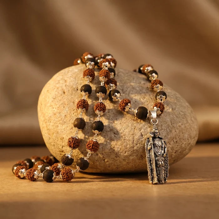Rudraksha Karungali Malai in Silver-Cap with Murugan Shakti Pendant