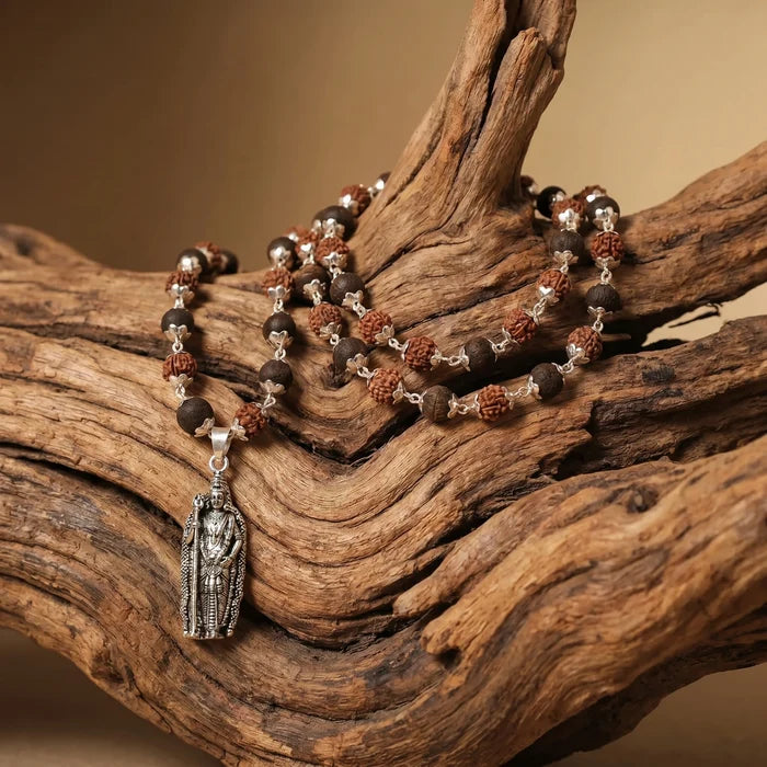 Rudraksha Karungali Malai in Silver-Cap with Murugan Shakti Pendant - view 2