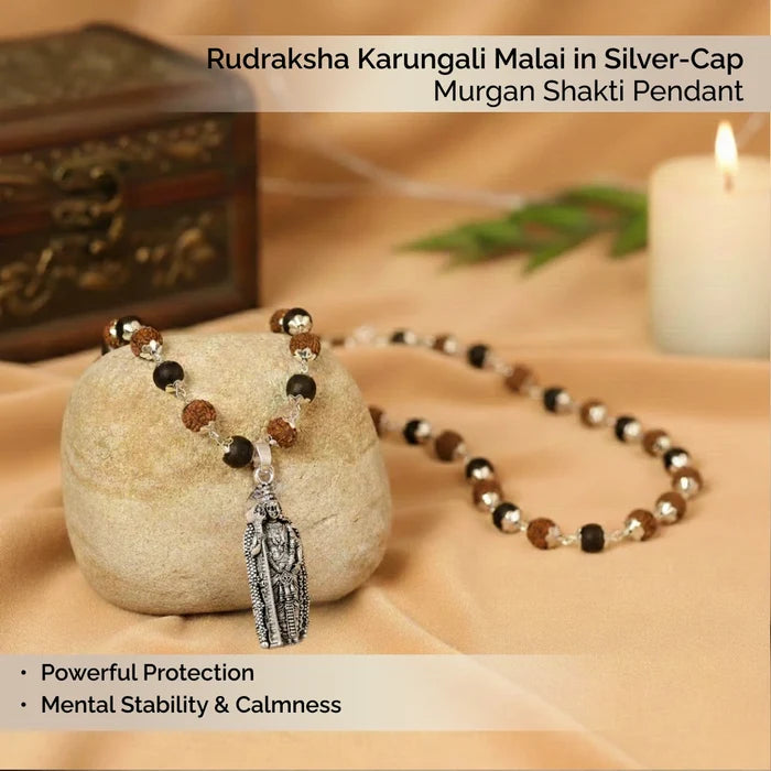 Rudraksha Karungali Malai in Silver-Cap with Murugan Shakti Pendant - view 3