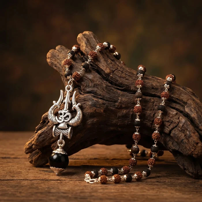 Rudraksha Karungali Malai in Silver-Cap with Om Shiva Trishul with Larger Bead