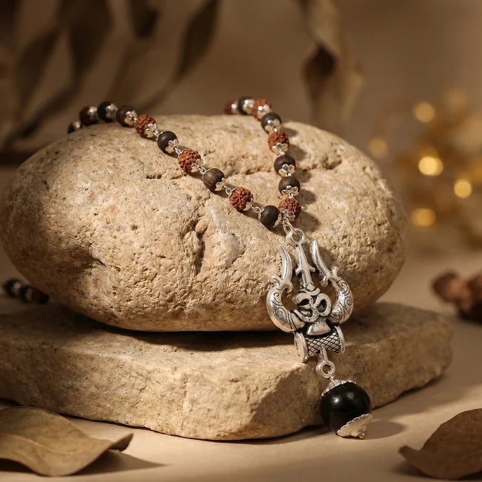 Rudraksha Karungali Malai in Silver-Cap with Om Shiva Trishul with Larger Bead - view 2