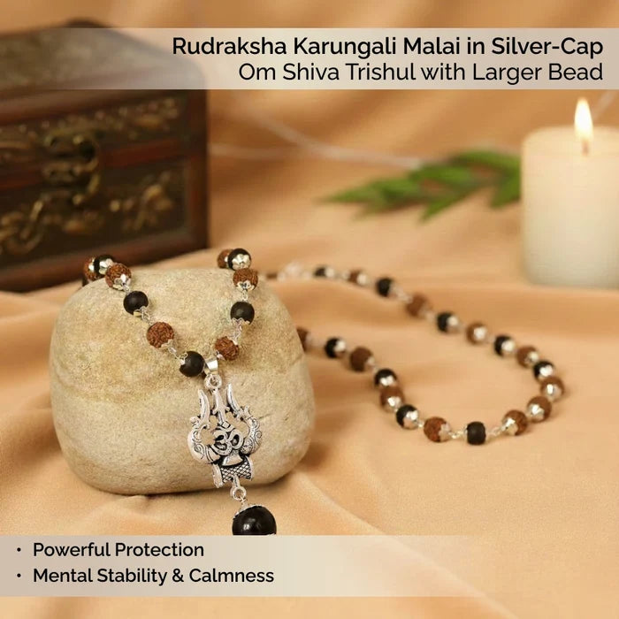 Rudraksha Karungali Malai in Silver-Cap with Om Shiva Trishul with Larger Bead - view 3