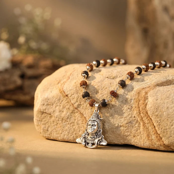 Rudraksha Karungali Malai in Silver-Cap with Shiv Pendant