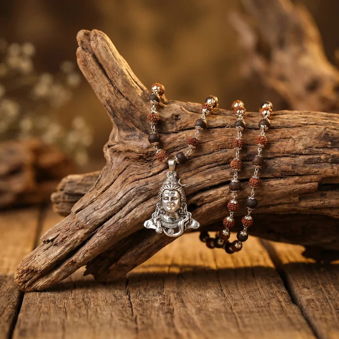 Rudraksha Karungali Malai in Silver-Cap with Shiv Pendant - view 2