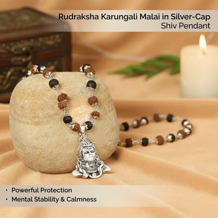 Rudraksha Karungali Malai in Silver-Cap with Shiv Pendant - view 3
