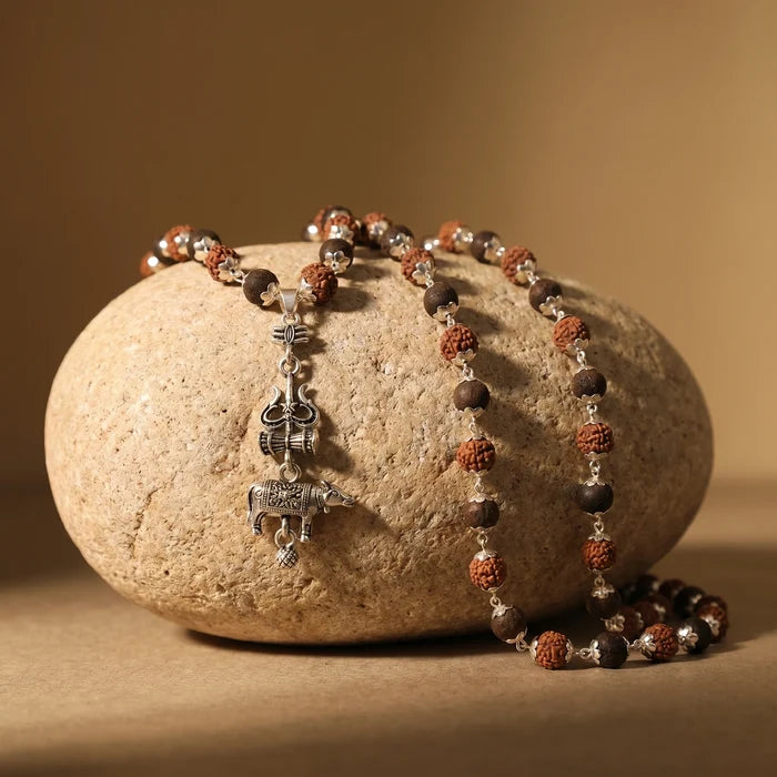 Rudraksha Karungali Malai in Silver-Cap with Shiv Trishul & Nandi Pendant