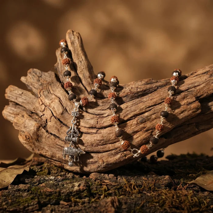 Rudraksha Karungali Malai in Silver-Cap with Shiv Trishul & Nandi Pendant - view 2