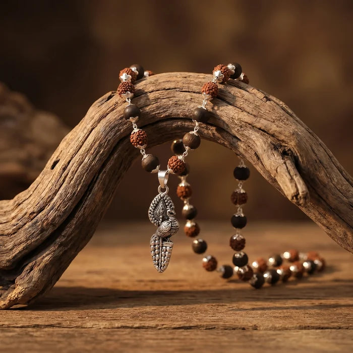Rudraksha Karungali Malai in Silver-Cap with Vel Peacock Pendant