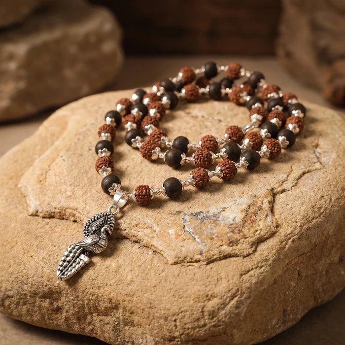 Rudraksha Karungali Malai in Silver-Cap with Vel Peacock Pendant - view 2