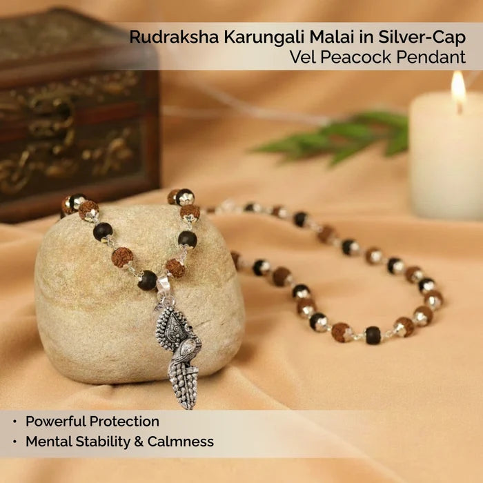 Rudraksha Karungali Malai in Silver-Cap with Vel Peacock Pendant - view 3