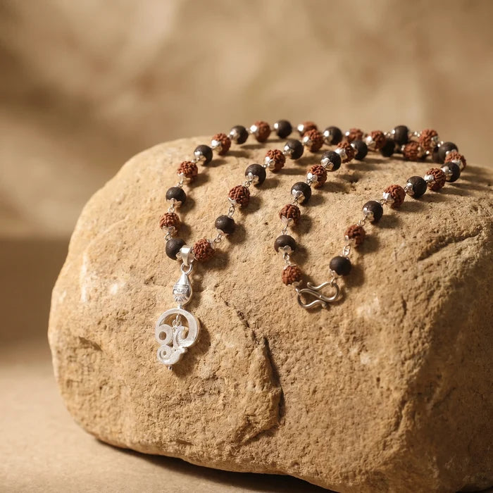 Rudraksha Karungali Malai in Silver-Cap with Vel Pendant - view 2