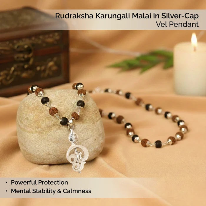 Rudraksha Karungali Malai in Silver-Cap with Vel Pendant - view 3