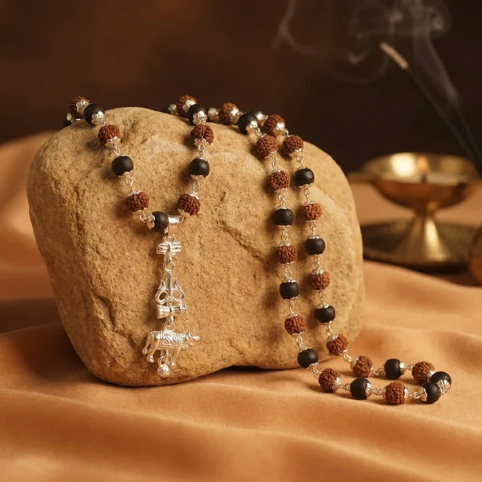 Rudraksha Karungali Malai (Silver-Cap) with Shiv Trishul & Nandi Pendant in Silver Finish