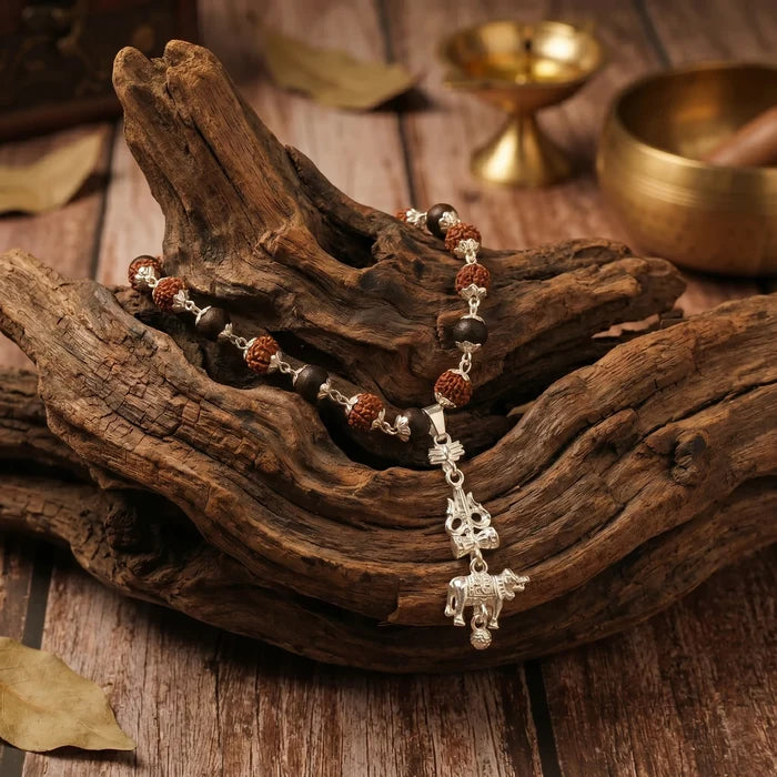 Rudraksha Karungali Malai (Silver-Cap) with Shiv Trishul & Nandi Pendant in Silver Finish - view 2