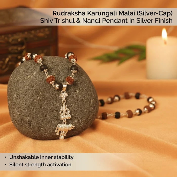 Rudraksha Karungali Malai (Silver-Cap) with Shiv Trishul & Nandi Pendant in Silver Finish - view 3