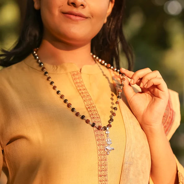 Rudraksha Karungali Malai (Silver-Cap) with Shiv Trishul & Nandi Pendant in Silver Finish Lifestyle Female
