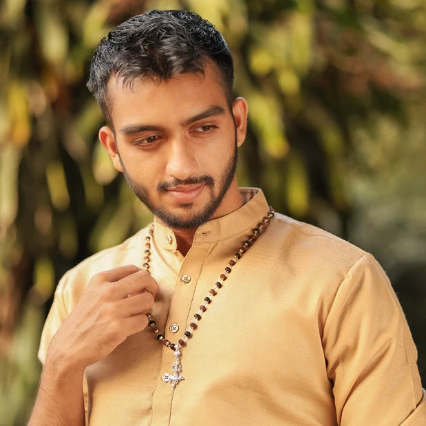 Rudraksha Karungali Malai (Silver-Cap) with Shiv Trishul & Nandi Pendant in Silver Finish Lifestyle Male