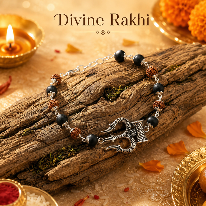 Rudraksha Karungali Bracelet with silver-capped Trishool Damroo charm